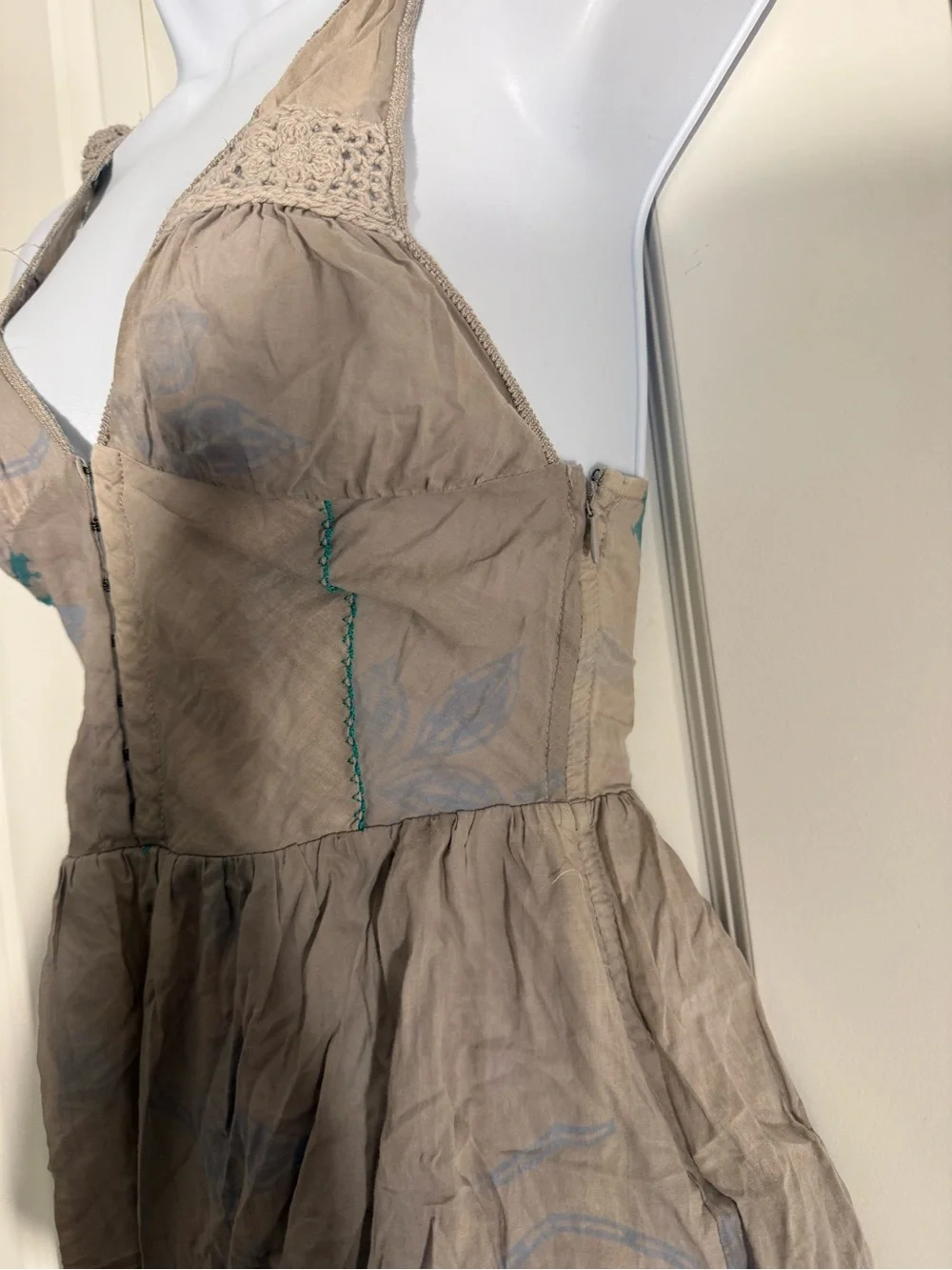 Free People Taupe Top with Teal Floral Accents